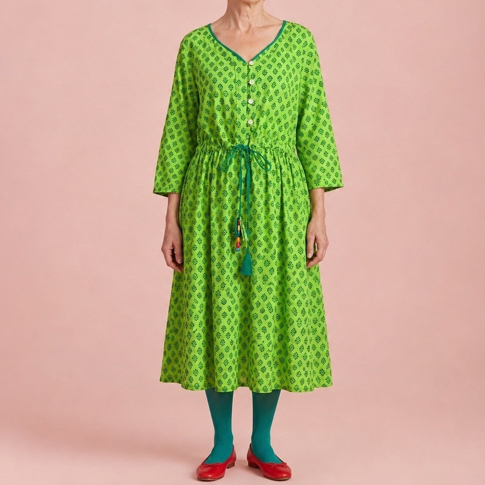 Green Block Print 100%‎ Cotton Dress Artsy Earthy Size Large Boho Folk